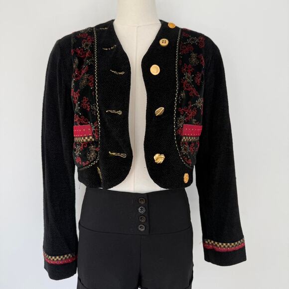 VINTAGE BLACK VELVETY JACKET WITH GOLD BUTTONS AND PAISLEY - Picture 2 of 7